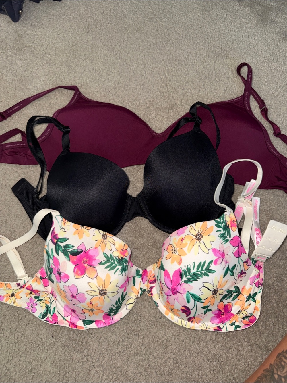 Victoria's Secret Floral White Multi, Black, and Burgundy Bra Trio